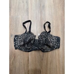 Victorias Secret Black Lace Unlined Underwire Bra 38DD Nude Lining Eyelash Trim